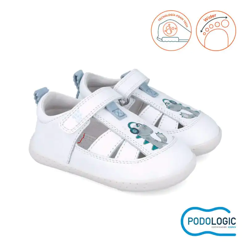 Garvalin Baby Boys First Steps Barefoot Sandals White/Blue Dinosaur