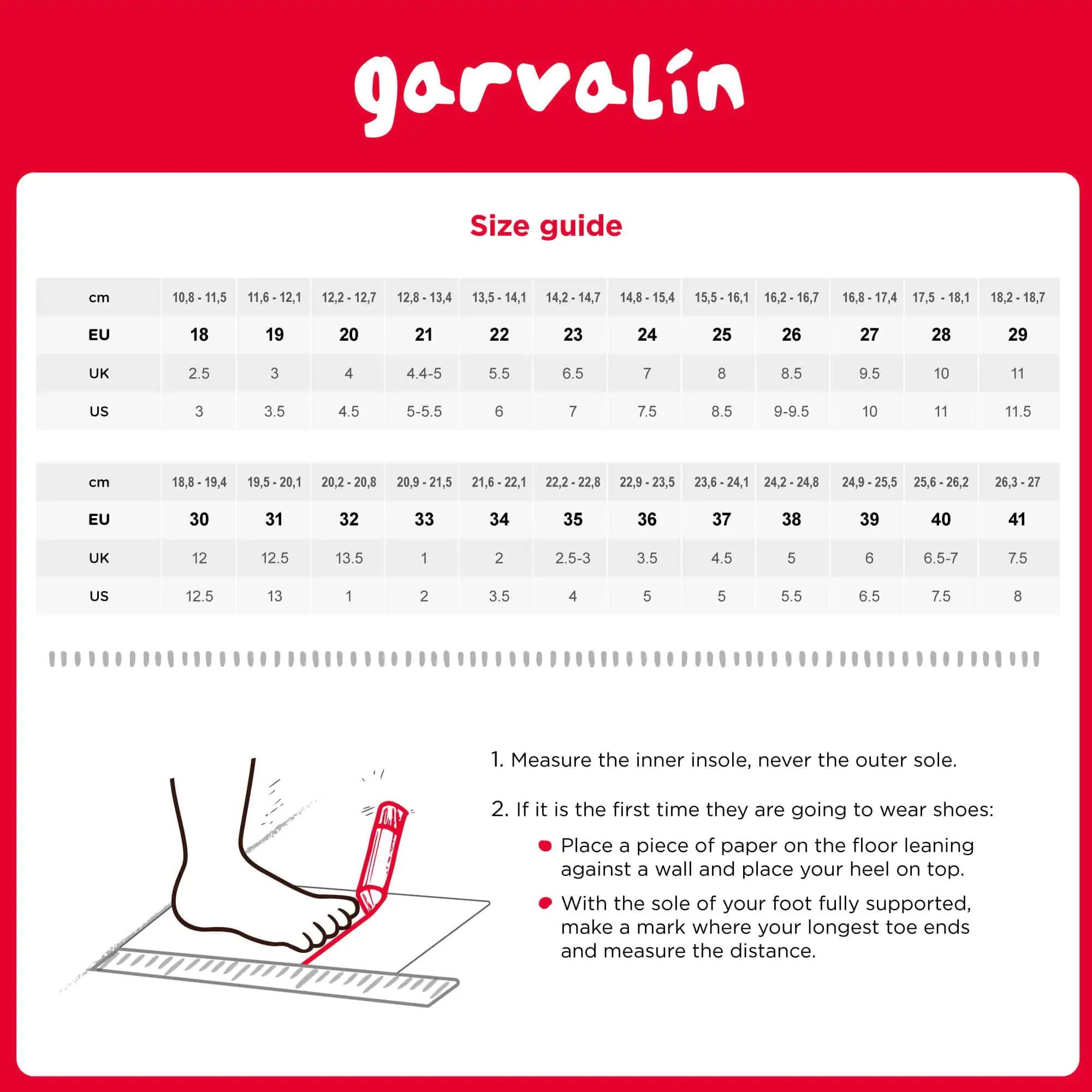 Kiddio garvalin kids shoe size guide
