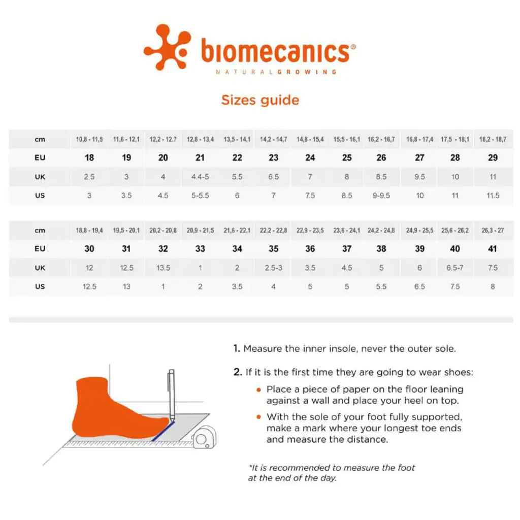 Kiddio biomecanics kids footwear size chart